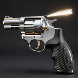 intricate futuristic magnum .44 made of brushed metal, chrome and carbon, gold linings