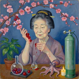 portrait of a japanese old lady, sensual, plum blossom, squashed berries dripping, octopus, scientific glassware, dripping fruit, houseplant, oxygen tank, candlelight, neo - impressionist, surrealism, acrylic and spray paint and oilstick on canvas