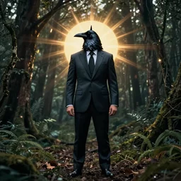 full body shot of a human with a crow head using a suit and a topper, terror, forest, movie poster, contrast