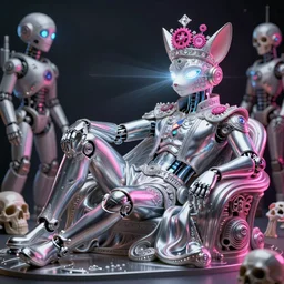 full-body rococo and cyberpunk style neon statue of a young attractive mexicano macho chacal android reclining sim roupa con camote, glowing white laser eyes, prince crown of pink gears, diamonds, swirling silver-colored silk fabric. futuristic elements. full-length view. space robots. human skulls. intricate artwork by caravaggio. Trending on artstation, octane render, cinematic lighting from the right, hyper realism, octane render, 8k, depth of field, 3D