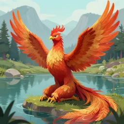 prompt anthropomorphic female phoenix, sitting at a pond, mountainous area, trees in the background, digital art