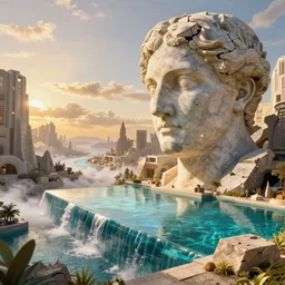David Friedrich, scifi landscape, hyperrealistic surrealism, award winning masterpiece with incredible details, epic stunning, infinity pool, a surreal vaporwave liminal space, highly detailed, trending on ArtStation, artgerm and greg rutkowski and alphonse mucha, daily deviation, IAMAG, broken giant marble head statue ruins, golden hour