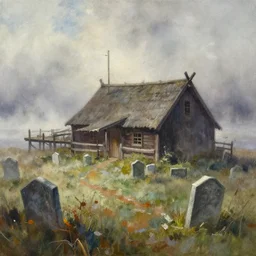 paint brush strokes, abstract watercolor painting of rustic graveyard, jetty house, viking age, fog, ambient lighting, art by hans dahl, by jesper ejsing, art by anders zorn, by makoto shinkai, wonderful masterpiece by greg rutkowski, cinematic light, american romanticism by greg manchess, creation by tyler edlin