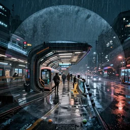 equirectangular projection grid of a futuristic bladerunner cyberpunk trainstation in the rain at night, volumetric lighting 4K Spherical Panorama RealityEngine PhotoRender hyperdetailed cinematic