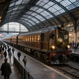 concept art of a large singular train, in a train station with a glass dome, many people walking across railings, steampunk, industrial, 4 k, evening lighting, victorian fantasy, fantasy, hdr