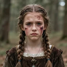sixteen year old, pretty medieval girl with a large, ugly dark stain on her face, unhappy expression, fantasy art, highly detailed, realistic