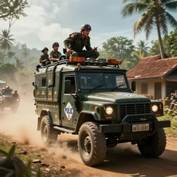 a militarized police vehicle riding through a kerala village, furious action scene, an epic fantasy, dramatic lighting, cinematic, establishing shot, extremely high detail, photorealistic, cinematic lighting, artstation, matte painting, octane render, hdr, by Christopher Nolan, horizon forbidden west