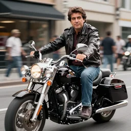 salvador allende riding a harley davidson motorcycle, wearing a leather jacket, looking cool