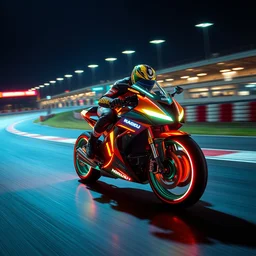valentino rossi driving a futuristic neon motorcycle, flying over the circuit, cinematic shot, night hour, neon light, reflections, epic shot, vibrant colors