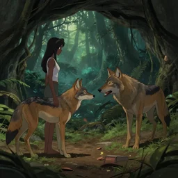 cave interior showing a female african wolf saying good bye to male african wolf as he leaves the cave to go hunting in the evening in an african rainforest, concept art, fine details, rainforest, art by satoshi kon, tim okamura, karol bak, ilya kuvshinov, cinematic lighting, volumetric lighting, subtle shadows, slight depth of field