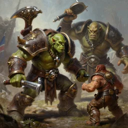 detailed painting of an orc grunt from warcraft fighting against an ork from warhammer