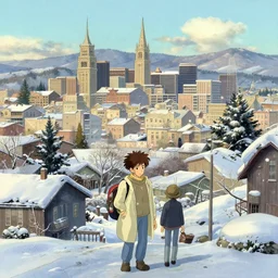 californian city, winter, in the style of studio ghibli, j. c. leyendecker, greg rutkowski, artem