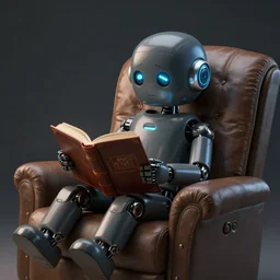 futuristic lonely matte dark gray and glossy blue humanoid robot with legs, with huge expressive comically sad LED eyes and open rectangular mouth sitting facing to the left, reading a hardbound leather book on a large comfortable cushioned vintage recliner. Cinematic Lighting, Cinematic Movie Photograph, Arri Alexa, Extremely Detailed, smooth, very very clean, simple, 8K, octane render, maya render, unreal engine, trending on artstation, DSLR