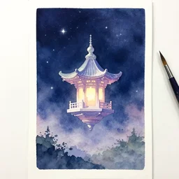 on watercolor paper, paint brush strokes, watercolor painting of a hovering small miniature shrine, ancient, enchanted, iridescent and ethereal in a starlit landscape at night, cinematic pastel light, centered perspective, in the style of noriyoshi ohrai