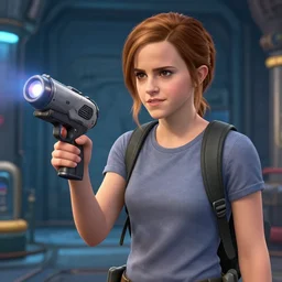 Screenshot of Emma Watson in Portal 2, holding a portal gun