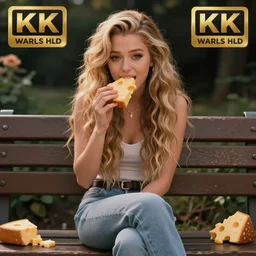 anime cartoon of miley cyrus sat on a bench eating cheese, hyperrealism, award winning, stunning, trending on art station, highly detailed, cinematic lighting, 8 k, hd