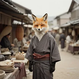 1 8 th century japanese street market in kyoto, 1 9 0 0 s photography, portrait anthro anthropomorphic fox head animal person fursona wearing clothes street trader