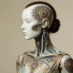 biomechanical beautiful young female cyborg with a porcelain profile face, analog, alexander mcqueen, art nouveau fashion embroidered, steampunk, mandelbrot fractal, picture taken in 1 9 3 0
