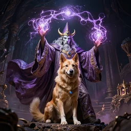 magic dog sorcerer casting a powerful arcane magic spell, fantasy, occult, majestic pose, dramatic lighting, cinematic scene, frank frazetta, visually stunning, sharp focus, highly detailed, trending on artstation, cgsociety, artgerm