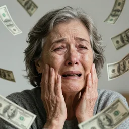 close up portrait old underweight lady is crying because she is so cold, money thrown and floats in the air, hyper realistic photo, full colour, upscale, 8 k, masterpiece,