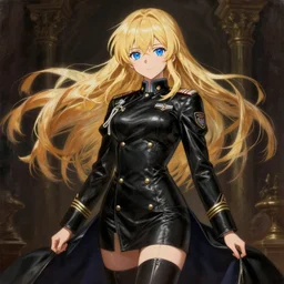 baroque oil painting anime key visual full body portrait character official art, beautiful young female pilot uniform, flowing blond hair blue eyes and fitted black leather military commander uniform, gap moe kuudere noble grimdark fantasy dictator, trending pixiv fanbox, by greg rutkowski makoto shinkai takashi takeuchi studio ghibli jamie wyeth wlop