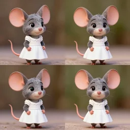 2 by 2 array of pictures of an anthropomorphic mouse female in a white dress, in the style of zootopia