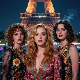 sophisticated portrait of christina hendricks brie larson kat dennings, 1 9 8 0 s flower power, very smoky cyberpunk paris, elegance, highly detailed, shallow depth of field, artstation, artgerm, moebius, dark cyberpunk neon atmosphere, donato giancola and joseph christian leyendecker