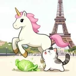 a unicorn in paris, a cat and a piece of cabbage are bursting out of its horn, lsd, canon 5 d 5 0 mm lens kodachrome