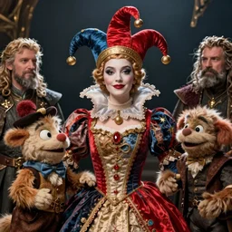 detailed ultrarealistic photography medium shot of fantasy jester queen and furry muppet puppet leyendecker, norman rockwell, ian miller, artstation cinematic, vray game of thrones, lord of the rings, star wars