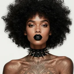 ultra realistic illustration, portrait a mixed woman, with black afro, with black lipstick, with a spikey choker around neck, intricate, elegant, highly detailed, digital painting, artstation, concept art, smooth, sharp focus, illustration, art by artgerm and greg rutkowski and alphonse mucha h 1 0 2 4