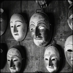 close up of tyrolean and alpine folk folklore masks hanging on wooden wall, 1 9 2 0 analog photography, black and white, grainy, dark