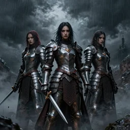 group of three bloodborne women armour dark atmospheres clouds and rain above