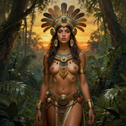 beautiful alluring female aztec queen in a dense jungle at sunset, detailed, centered, digital painting, artstation, concept art, donato giancola, Dante Gabriel Rossetti, alphonse mucha, Joseph Farquharson, Joseph Christian Leyendecker, WLOP, Boris Vallejo, Breathtaking, 8k resolution, extremely detailed, beautiful, establishing shot, artistic, hyperrealistic, beautiful face, octane render
