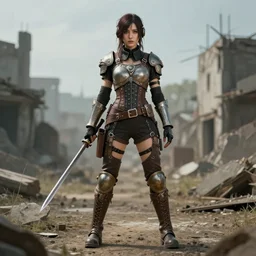 full body photo of female dieselpunk warrior