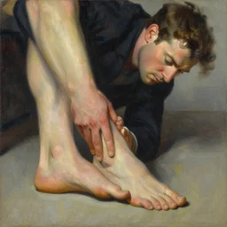 bob odenkirk caressing feet,'bare feet '!!!! painting by jc leyendecker!! phil hale!, angular, brush strokes, painterly, vintage, crisp