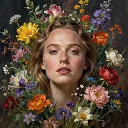 a head and shoulders portrait of alicia vikander surrounded by an explosion of wild flowers, by edgar maxence, by thomas kinkade, by gustav klimt, by wes anderson, by edward hopper, by wayne barlowe, by james gilleard, by james jean, pastel colors, desaturated