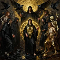 dante's inferno painting, with people in black hooded tunic like in the film eyes wide shut of stanley kubrick, illuminati symbol, crows, skeletons, crosses, wings characters 8 k symmetrical, unreal engine, highly detailed, hd environment, maxon cinema 4 d, 8 k rendering, dark beauty, rotten gold, bubbling black mud, by jean - baptiste regnault, agostino arrivabene, botticelli and peter mohrbacher, titan, samori, rubens, trading by artstation, art breeder, oil painting