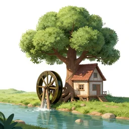 house with a waterwheel built into the roots of a giant tree next to a river, from a fantasy point and click 2 d graphic adventure game, art inspired by john shroades, king's quest, sierra entertainment games, colorful landscape painting