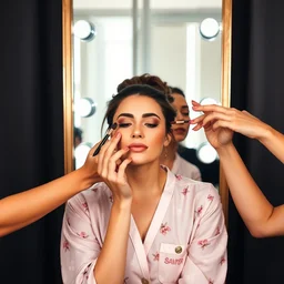 woman with four arms getting ready and doing her makeup photo