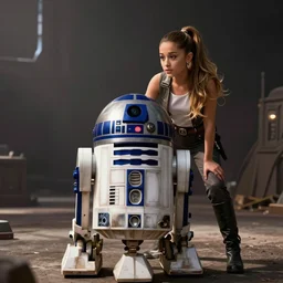a still of Ariana Grande and R2-D2 in a stars wars film