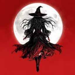 portrait, A Witch from behind with long hair levitating in front of the full big moon, book cover, red white and black colors, establishing shot, extremly high detail, foto realistic, cinematic lighting, pen and ink, intricate line drawings, by Yoshitaka Amano, Ruan Jia, Kentaro Miura, Artgerm, post processed, concept art, artstation, matte painting, style by eddie mendoza, raphael lacoste, alex ross
