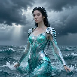 armor made of water, liquid, woman, female, rising up from ocean, water armor, high detail, high contrast, close up portrait, studio lighting, stormy seas, beautiful, bokeh, snowy, storm clouds, god rays, d & d, fantasy, elegant, aquamarine color palette, concept art, roger deakins and greg rutkowski and alphonse mucha