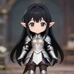 adorable young cute anime elf girl, long black hair, fantasy armor. full body shot, symmetrical face. symmetrical detailed defined eyes. beautiful lineart. bokeh pixiv # 1 ranking depth focus, chromatic aberration, noise, soft lighting, srgb, 4 k, cinematic