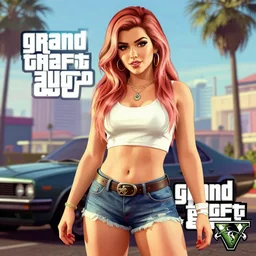 Belle Delphine in Grand Theft Auto 5 cover art, epic, 4k resolution, extremely detailed, very sharp, artstation, digital art, vibrant,