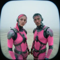 cinestill hasselblad 8 mm, f 1. 2, extreme fisheye, extreme motion blur, candid photographic portrait by robert capas of 2 cyborgs wearing rugged neon pink mesh techwear in treacherous fog, burning man nevada, modern cyberpunk moody depressing cinematic, pouring rain, ultra realistic faces, ex machina