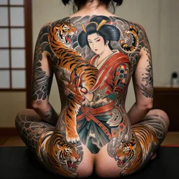 yakuza tattoos on a sitting geisha back with intricate designs with tigers, featuring christopher walken as a samurai, amazing detail, sharp, dynamic lighting