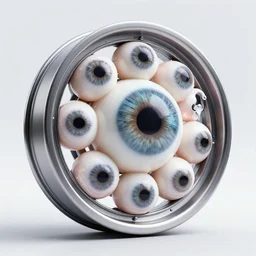 a sparking wheel within a wheel, covered in eyeballs, ultrarealistic