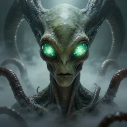 grotesque alien with long forehead. green semitransparant cloudy glowing faceted eyes. high quality photorealistic 4 k, hyperrealism, volumetric fog, serious, dark, fear, concept art of h. r. giger, trending on artstation, symmetric, horror, gigantic kaiju looking down worms - eye - view