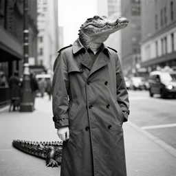 a crocodile wearing a trench coat in new york city 1942, black and white