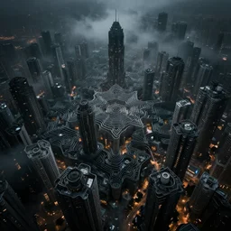 megacity, kowloon walled city, hive city, dystopian endless, intricate, complex, labyrinthine, byzantine, tangled, matte painting, smoke, fog, night, gloomy, dark, dramatic, cinematic, volumetric lighting, gods eye view